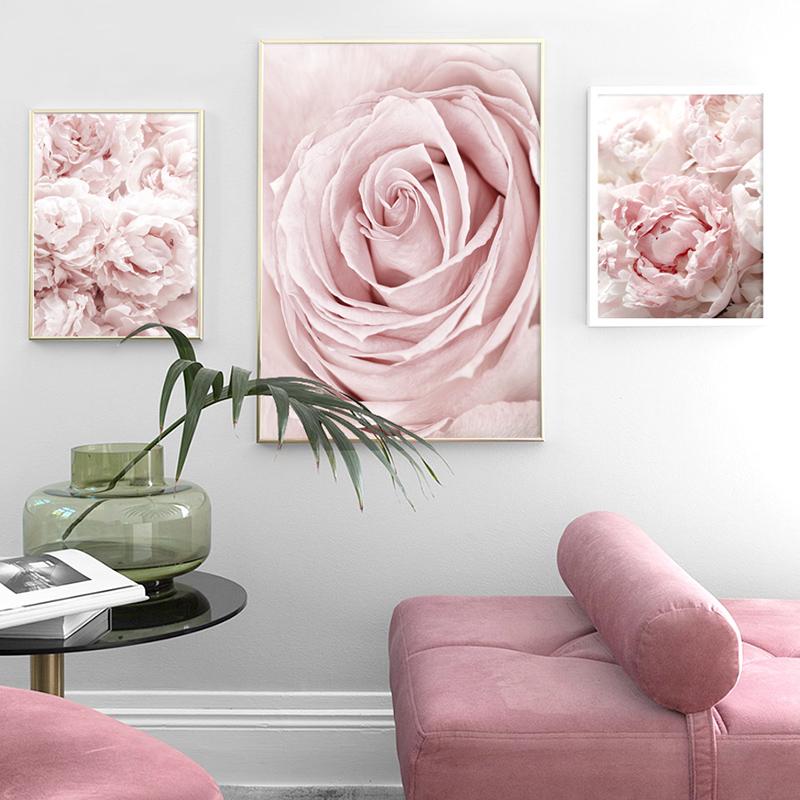Nordic Wall Art Canvas Painting Posters Pink Flowers Rose Peony Minimalism Quotes Print Wall Pictures For Living Room Home Decor