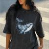 Watercolor Whale And Flower Print Washed Black Oversized T-Shirt For Women Ocean Animal Floral Casual Top