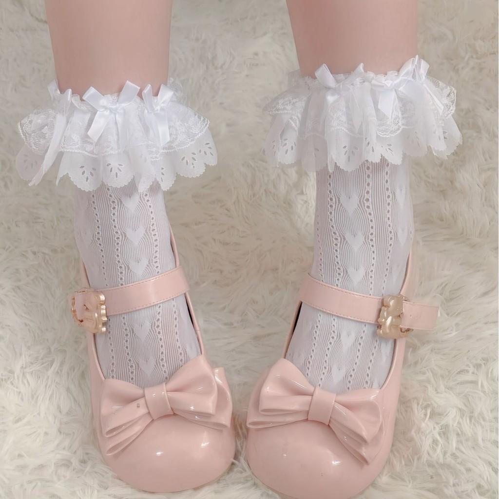 Lolita Summer Knee Socks With Lace Trim And Heart Pattern For Girls