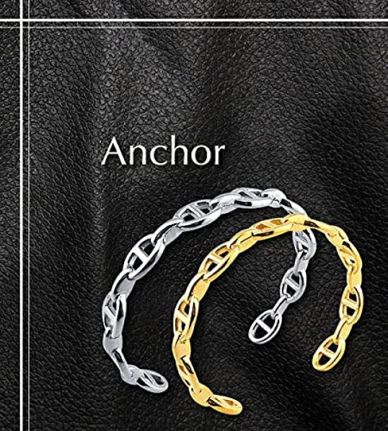 Pair of Anchor Chain Bangles In Stainless and Yellow Perfect As a Gift for Men or Stainless Steel and Steel, Silver, Gold. Women. [Women's Size