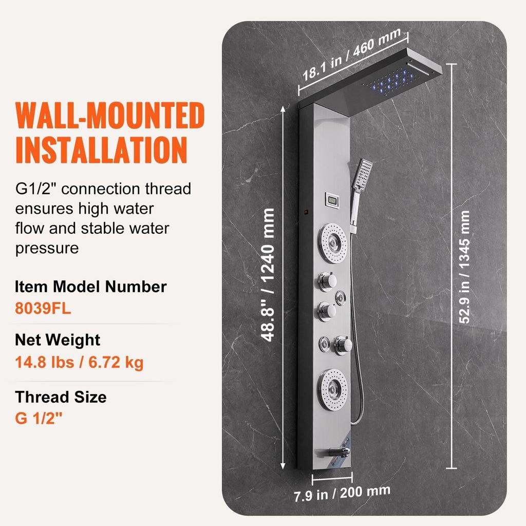 Shower Panel Tower System 6 Modes LED & Display Stainless Steel Rainfall
