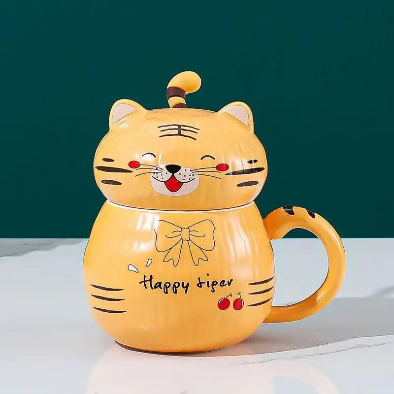 450ml Cute Tiger Dinosaur Ceramics Coffee Mug with Spoon Creative Hand Painted Drinkware Milk Tea Cups Novelty Gifts