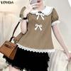VONDA Elegant Women Turn Down Collar Lace Hem Bow Casual Short Sleeve Blouse