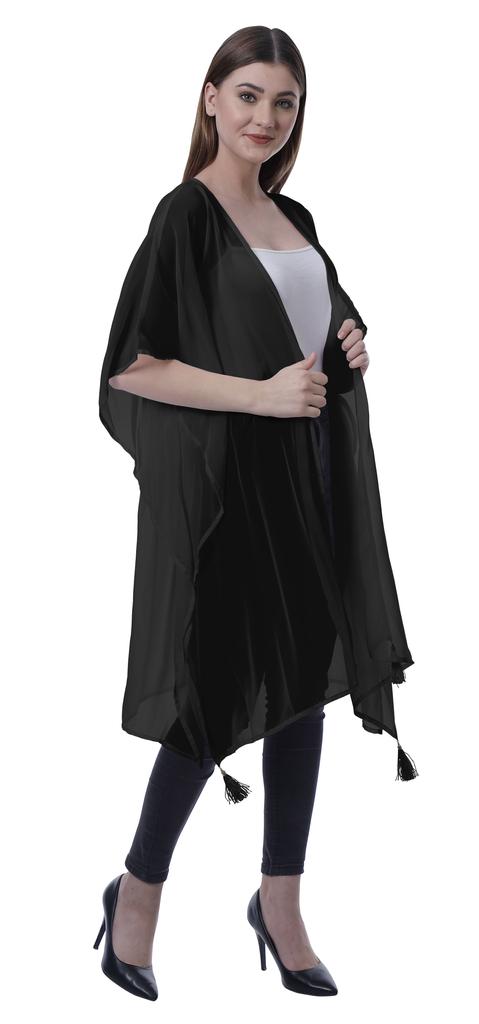 Moomaya Womens Georgette Shrug Open Front Long Sheer Coverup w  Tassels