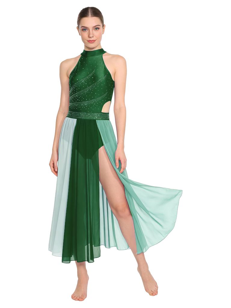 Rhinestone Color Block Mesh Leotard for Women S-XXL: Sleeveless Slit Hem Bodysuit Dress for Lyrical Contemporary Dance Costume