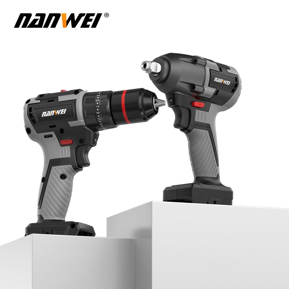 NANWEI 2 Piece 21V Brushless Motor Electric Wrench + Drill Tool Set