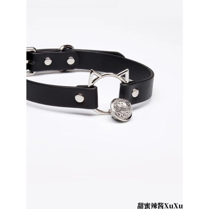 Classic Black Leather Choker with Bell and Leash for Men Punk Necklace Cosplay