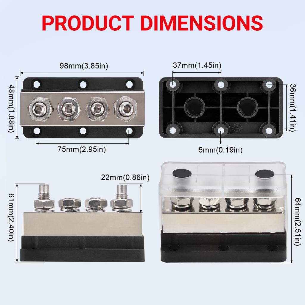 Battery Bus Bar 600A 48V Nickel Plated Copper 4X M10 Studs Heavy Duty Distribution Block For Truck RV Marine Ground Red Black