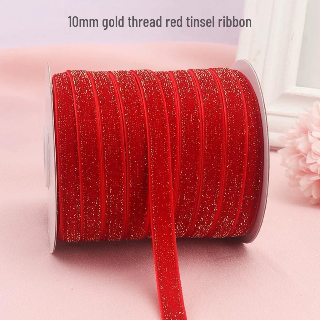 Green Velvet Ribbon with Gold & Silver Glitter Thread for DIY Hair Accessories