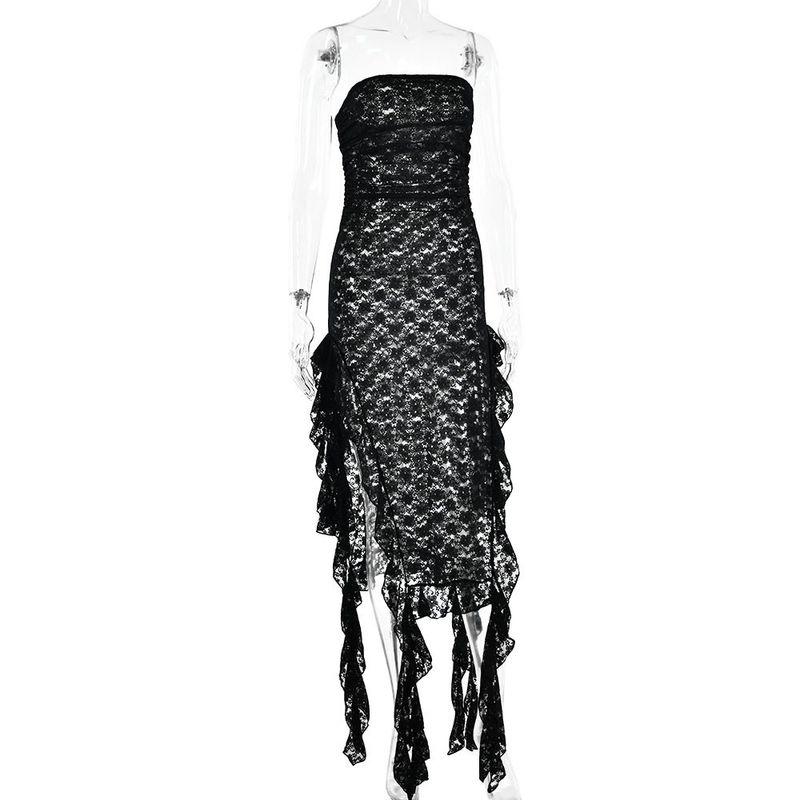 Foreign Trade Amazon Wish Women s New Lace See-Through Dress, Fashionable and Sexy Off-Shoulder Strapless Long Dress Black S