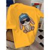 European Sizes Cute Cartoon Rabbit Wearing Fashion Glasses and Baseball Cap Print Short Sleeve T-Shirt