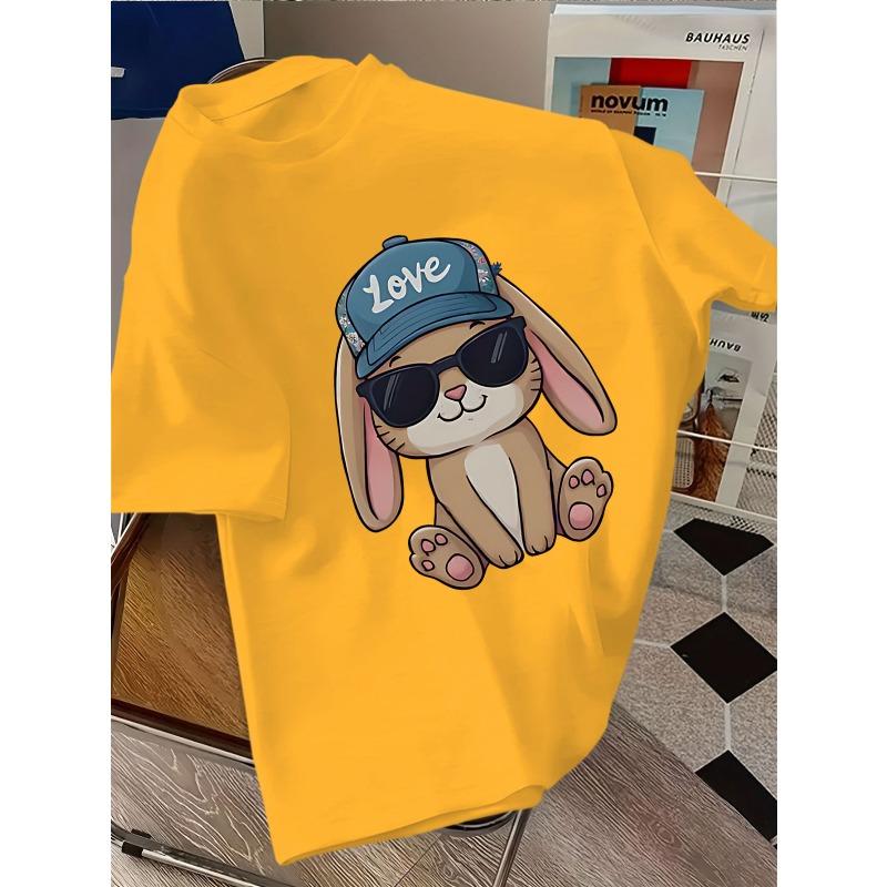 European Sizes Cute Cartoon Rabbit Wearing Fashion Glasses and Baseball Cap Print Short Sleeve T-Shirt