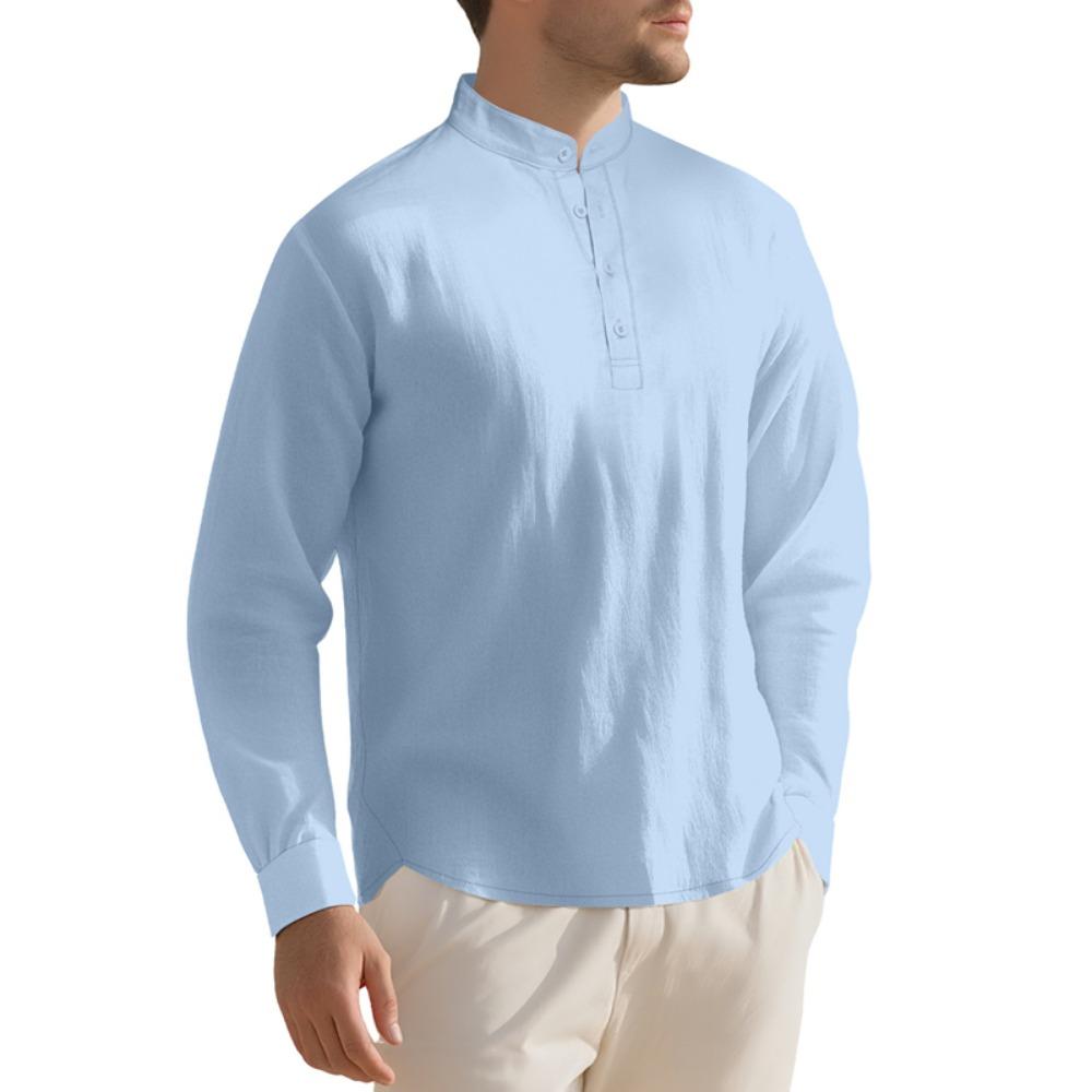 Pánské bavlněné lněné tričko s dlouhým rukávem Tenký volný top Retro Vintage Módní městské oblečení Stojatý střih Mládežnická velikost