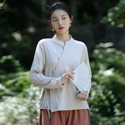 Camisa de Cuello Jacquard con Frenillo Vintage Estilo Chino Otoño Mujer Color Sólido Manga Larga