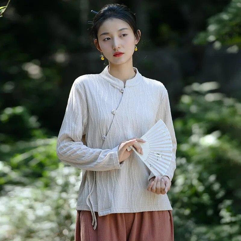 Johnature Chinese Style Vintage Frenulum Jacquard Collar Shirt Autumn Woman Solid Color Long Sleeves Shirt