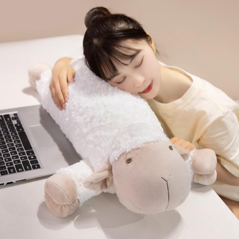 Practical Home Decor Unisex White New Gentle Long Body Sheep Plush Pillow Soft Chubby Lying Prone Cartoon Sheep Sleeping Throw Pillow Lovely Room Decor Nice Gift