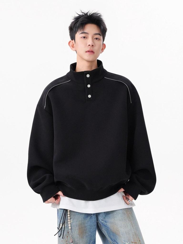 Men's Heavyweight 400g Cotton Stand Collar Hoodie - Autumn High Street Loose-Fit, Versatile Casual Half-Button Design