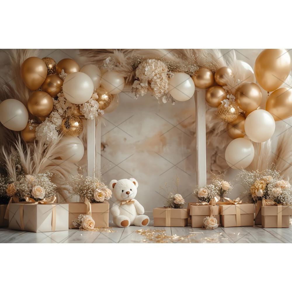 Boho Pampas Teddy Bear Photography Background Balloons Arch Tent Decor Cake Smash Baby 1st Birthday Indoor Photocall Backdrops