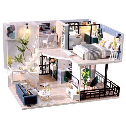 Moin Moin [Japanese Instructions] 1/24 Scale Dollhouse Miniature DIY Kit | Two-Story Model Room Style, Chic Gray, Medium | Includes LED Light, Acrylic