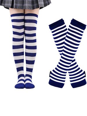 Striped Gloves And Over-the-knee Socks Set