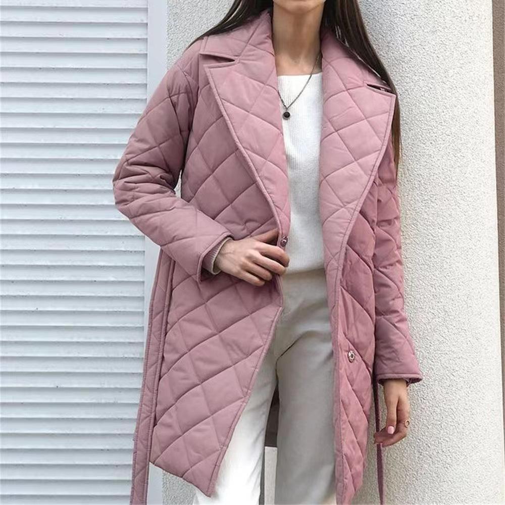2025 Autumn Winter Women's Notched Lapel Trench Coat, Diamond Quilted Waist Belt Cotton Coat with Button Front, Fashion Slim Fit Mid-Length Parka