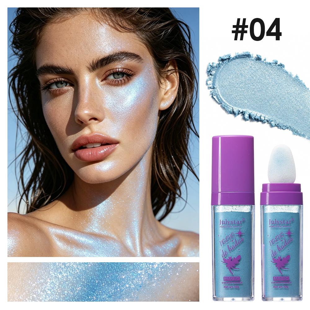 Julystar Glitter Powder, 6 Colors Magic Shimmer Highlight Pat Powder for Body Face Shining, Sparkle Fairy Dust Beach Party Makeup for Hair & Lips