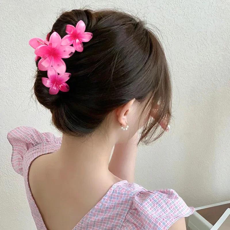 Korean Candy Color Flower Hair Claw Women Girls Flowers Shark Clip Sweet Large Gradient Crab Clamp Barrettes Hair Accessories