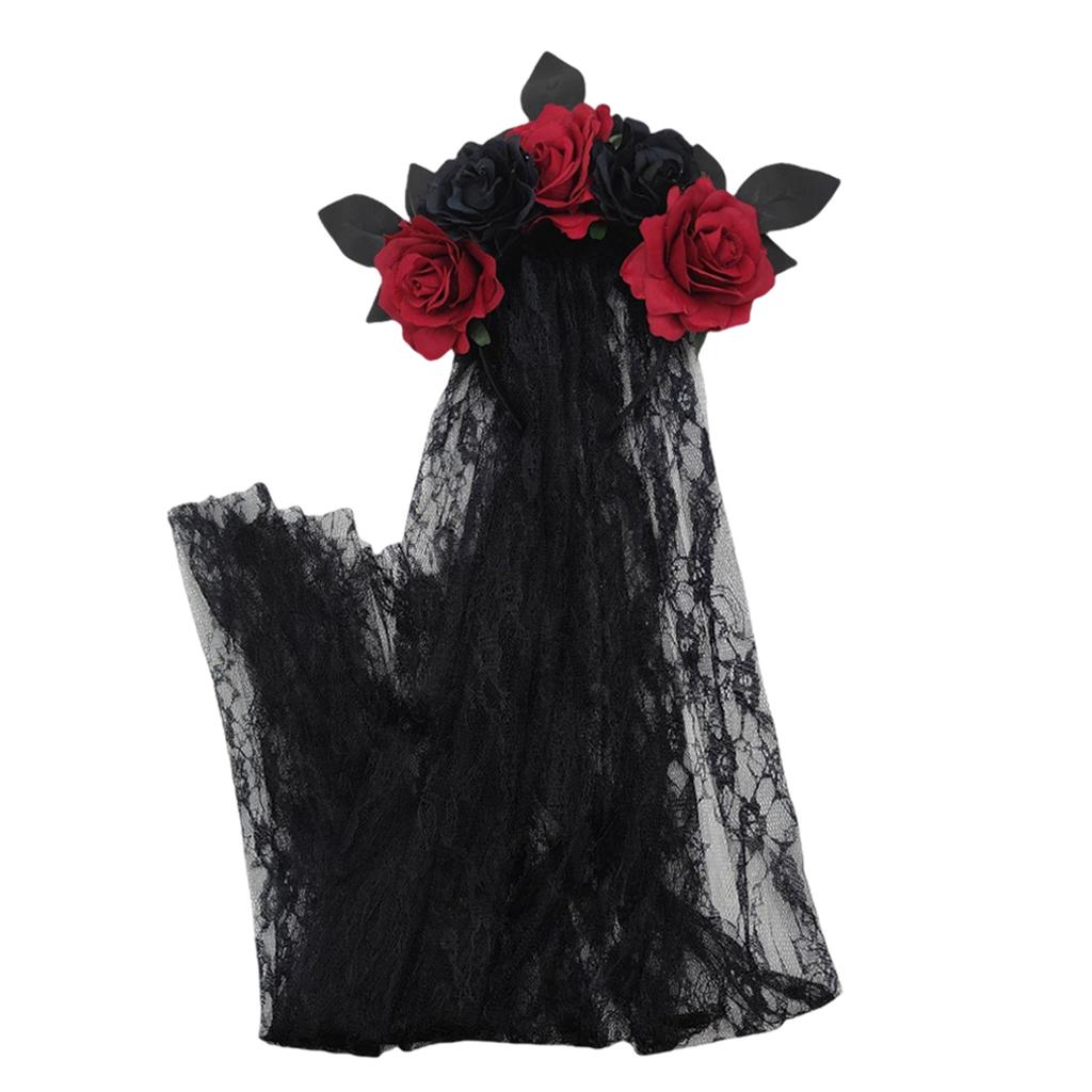 Halloween Gothic Flower Garland With Black Veils Hairband Cosplay Wedding Headpiece Costume Headwear Accessory