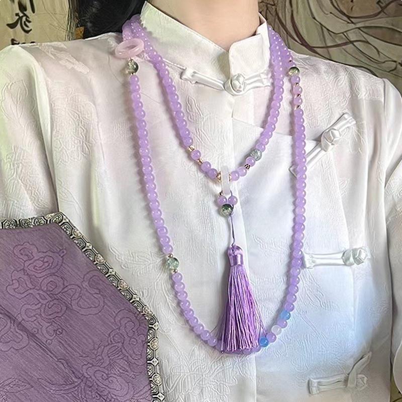 Retro Ethnic Style Necklace Chinese Style Beaded Tassel Choker Natural Stone Prayer Necklaces Women Cheongsam Necklace Jewelry