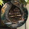 Vintage Tree Bookshelf Metal Wall Art, Round Aluminum Sign for Living Room Home Office Decor