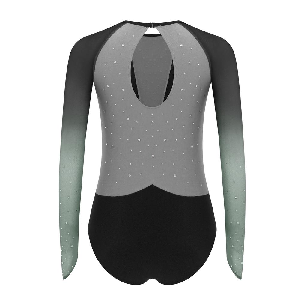 Girls Gymnastics Leotard Sheer Mesh Long Sleeve Keyhole Back Shiny Rhinestones Color Block Costume