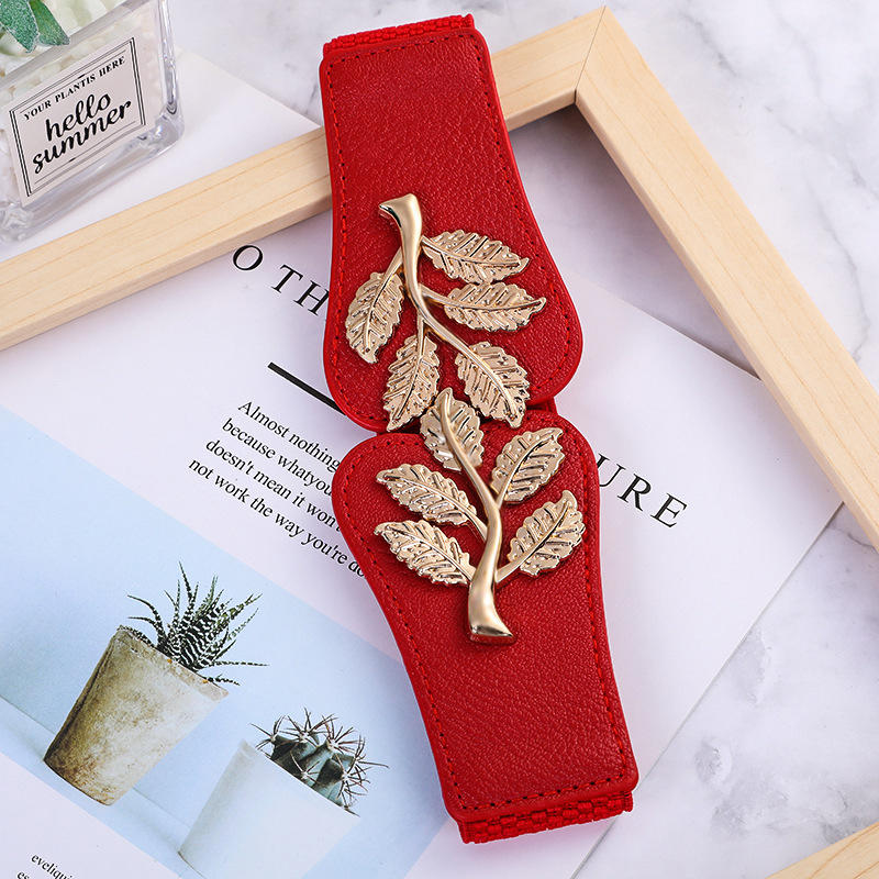 Women's Waist Belts Retro Waistband Golden Leaf Elastic Waist Closure with Double Hook Buckle Wide Belt Fashion Elegant Women Belt for Skirt