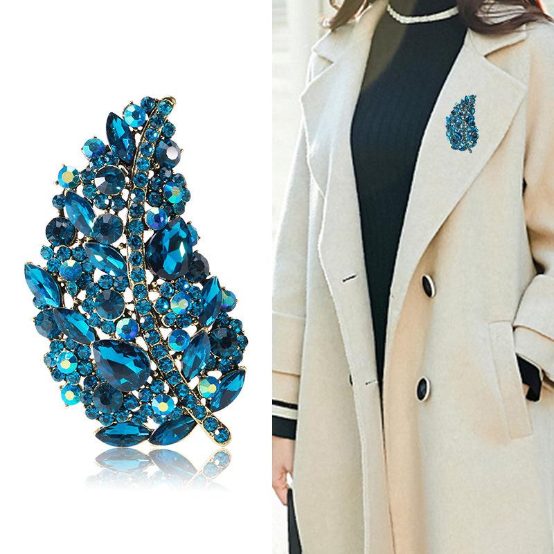 Crystal Brooch Fashion Personality Leaf Clothing Pin Accessories Elegant Temperament High-End Anti-Light Plant Corsage