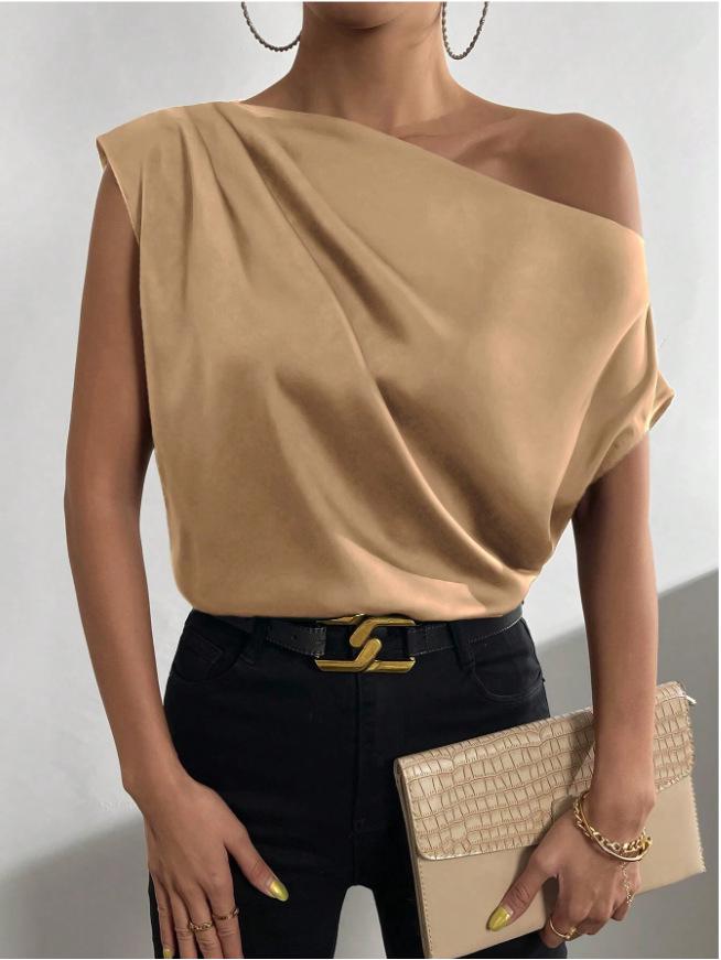 

2025 Spring One-Shoulder Satin Off-the-Shoulder Irregular Pullover Sleeveless Top - Women s European American Fashion S темно-коричневого кольору