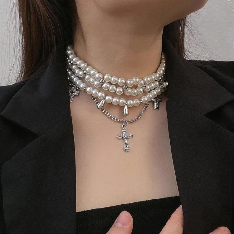 Fashionable Diamonds Sturdy Alloy Crosses Choker Necklace Pendant with Elegant Pearls Jewelry Accessory for Girls