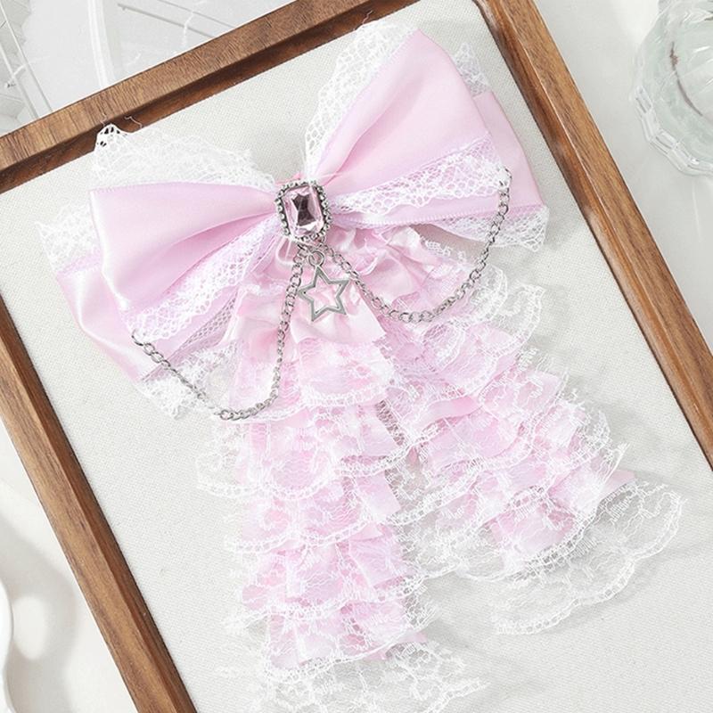 Ribbon Style Lace Hair Clip Pink and White Hair Accessory with Center Accent for Side Hair and Daily Styling Use