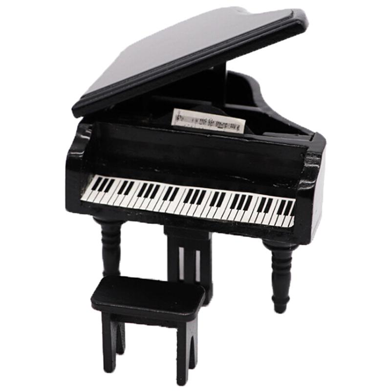 1:12 Dollhouse Miniature Black Wooden Grand Piano With Stool Model Play Toys