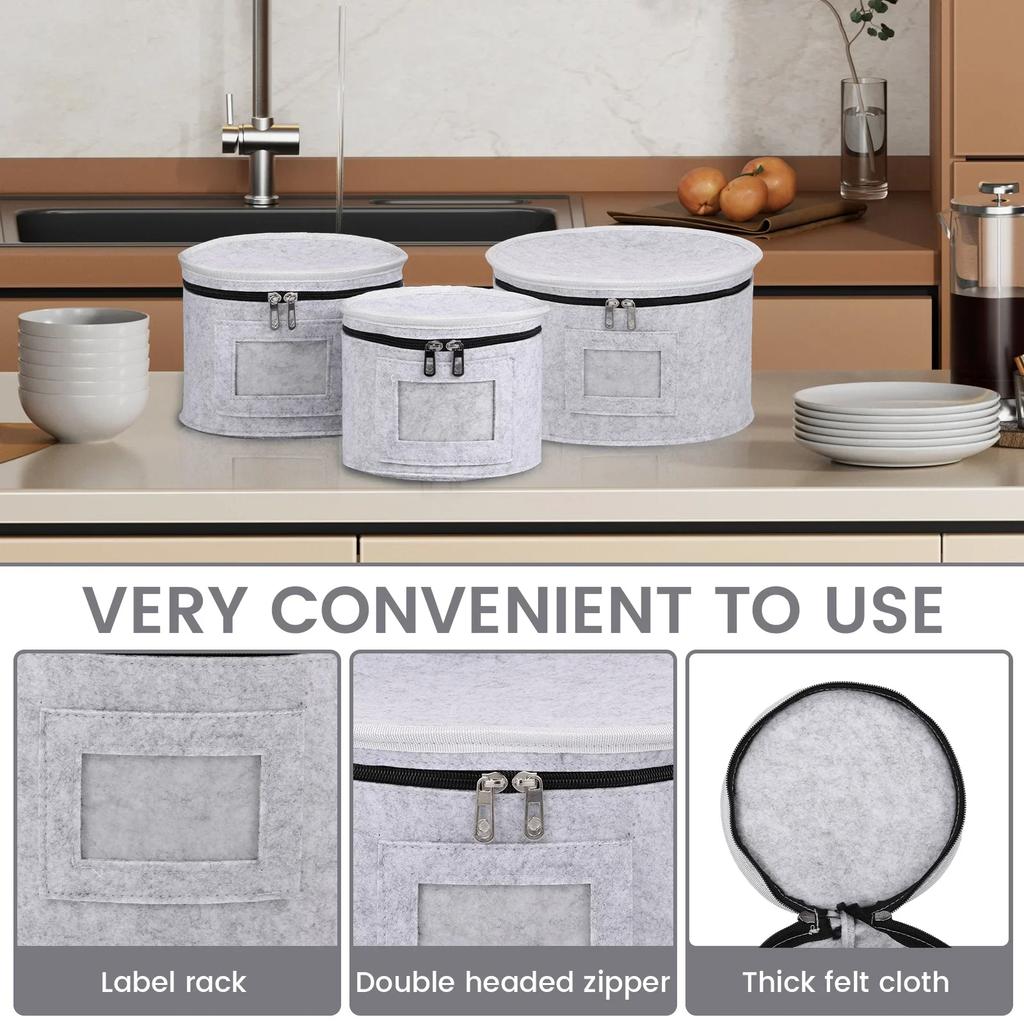 3Pcs Stackable Dish Storage Cases with 36 Round Dividers Thick Felt China Storage Containers for Dinnerware Storage & Transport