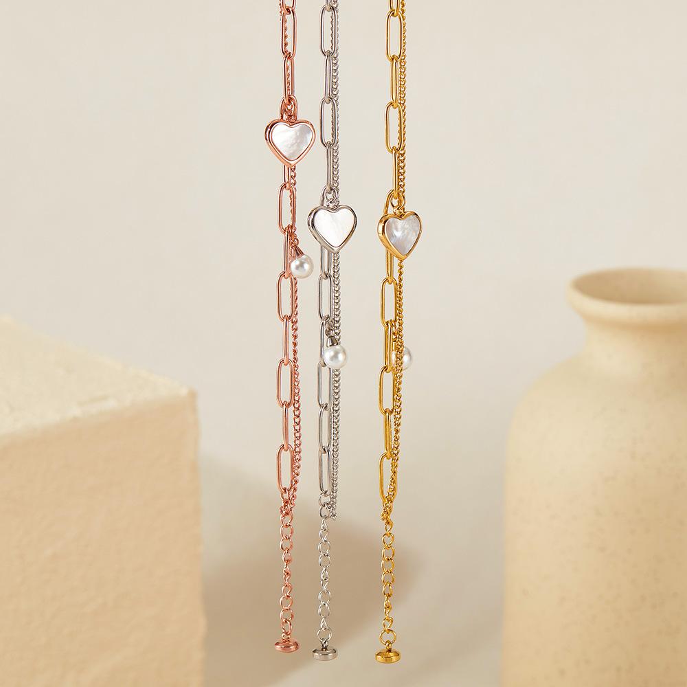 Fashion niche design personalized double-layer bracelet temperament versatile heart simulation pearl stainless steel bracelet