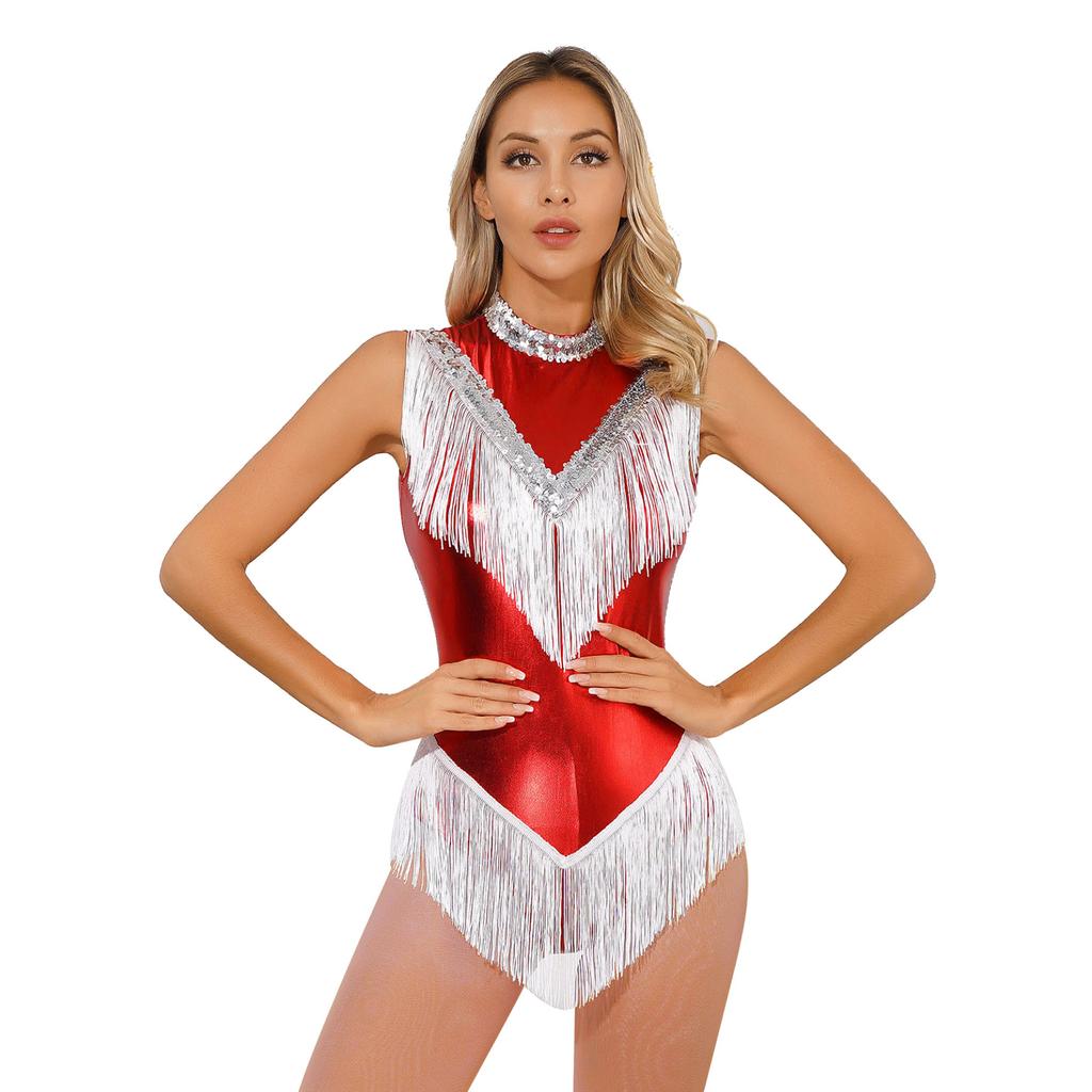 Womens Metallic Sleeveless Fringed Bodysuit Shiny Sequins Mock Neck Tassel Leotard for Latin Dance Performance