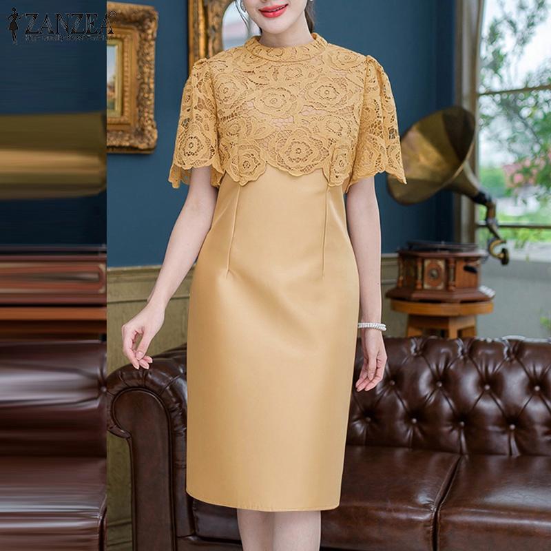 ZANZEA Vestido informal de verano de manga corta con encaje y patchwork para mujer