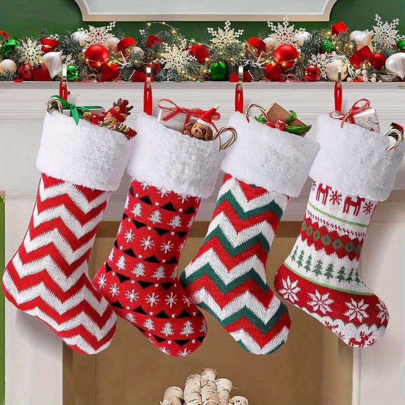 4 Pairs Festive Knitted Christmas Stockings - Decorative Hanging Socks with Holiday Motifs, Snowflakes, Christmas Clothes, Christmas Decor
