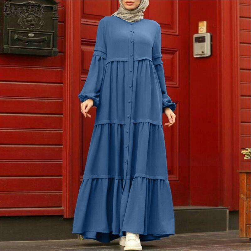 ZANZEA Muslim Daily Casual Round Neck Long Sleeve Loose Women Dress
