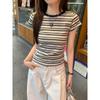 Damen Sommer Schlankmachendes Crop Top – Retro Colorblock Gestreiftes Kurzarmshirt