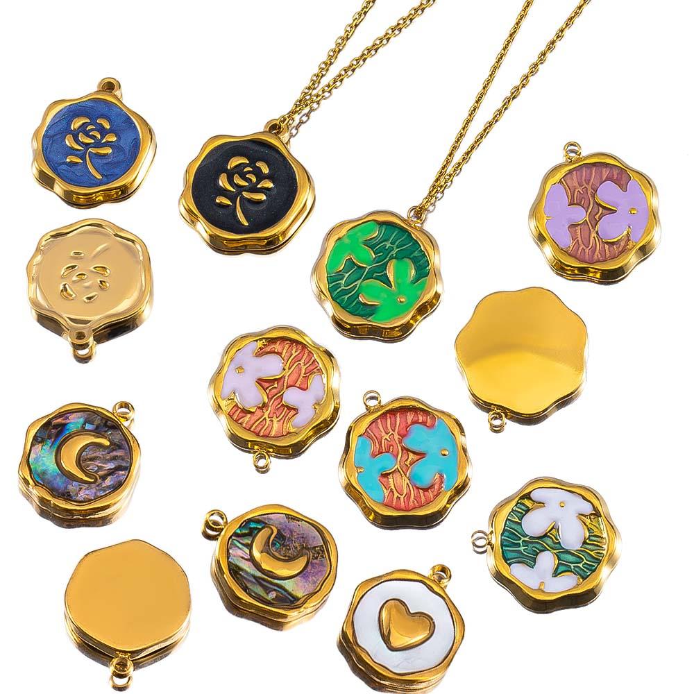 2pcs Stainless Steel Gold Plated Enamel Flower Rose Heart Moon Bracelet Charm for DIY Necklace Earring Component Jewelry Making
