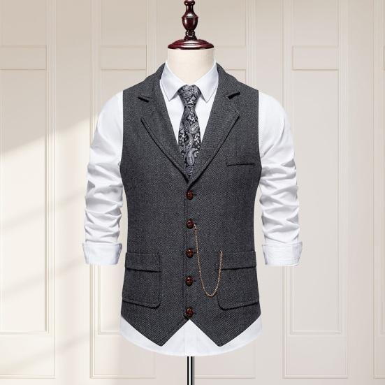 Men Suit Waistcoat Lapel Sleeveless Single Breasted Business Suit Vest Solid Color Slanted Hem 3D Pockets Chain Decoration Waistcoat