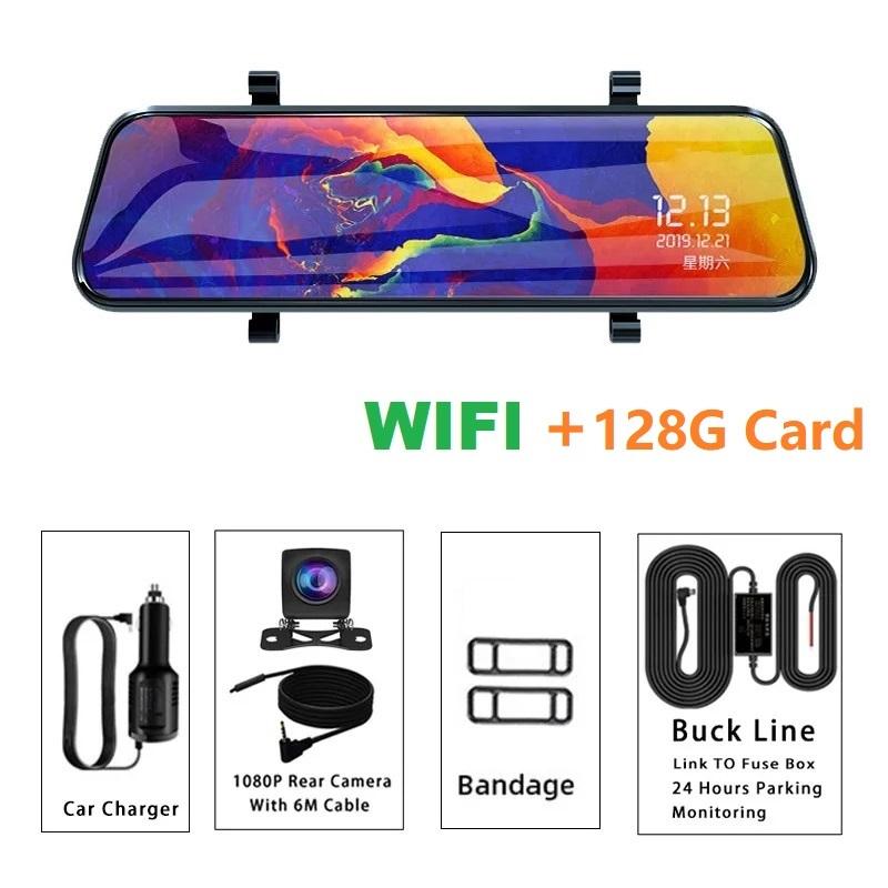 

10-дюймовий сенсорний екран Car Stream Media Dashcam DVR 1080P Dual Lens IPS Rearview Mirror Dash Camera Night Vision Video Recorder 【WIFI】With Buck Line+128g чорний