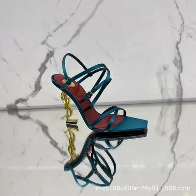 [Spot] Cross-strap Metal Letter Heel Open-toed Sandals YS Sexy Stiletto Rear Empty French High-heeled Women's Shoes
