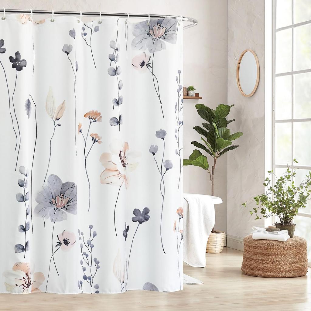 AooHome Shower 150cm Waterproof and Mildew Waterproof and Mildew Bath Quick Room High Density Unit Floral Ring Easy Gray Curtain, Long, Resistant,