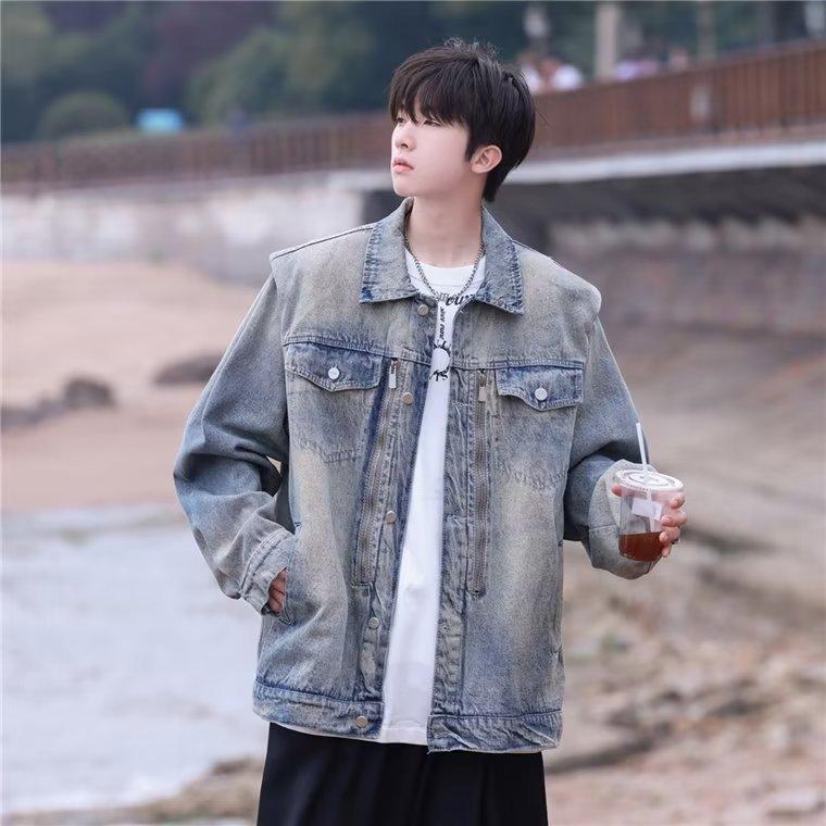 American Washed Shoulder Padded Denim Jacket Men'S Season High Street Trendy Brand Multi-Zipper Couple Tooling Jacket